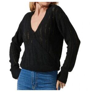 NEW ASTR L Faux Wrap V-neck Pointelle Knit Pullover Sweater Black NWT $79